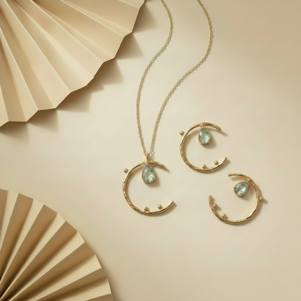 Moon Shaped Gemstone Necklace and Earrings Set