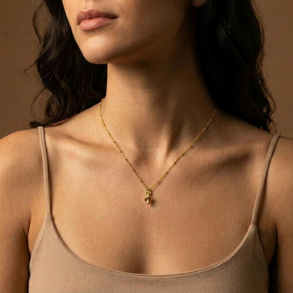 Silver Tiny Mushroom Charm Necklace | Stocking Filler | Minimalist 18K Gold Plated Necklace