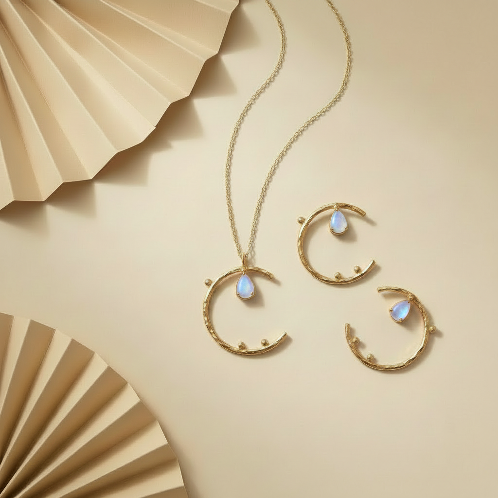 Moon Shaped Gemstone Necklace and Earrings Set