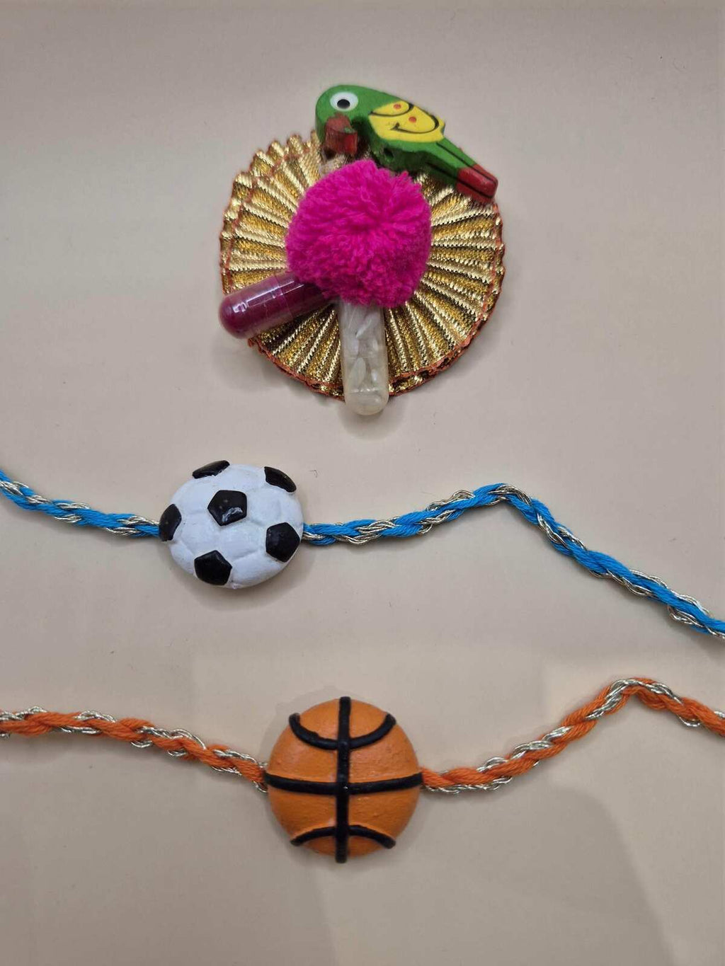 Kids Tie Bracelet / sports Rakhi (Football, Basketball  ) clay handmade Rakhri Hamper