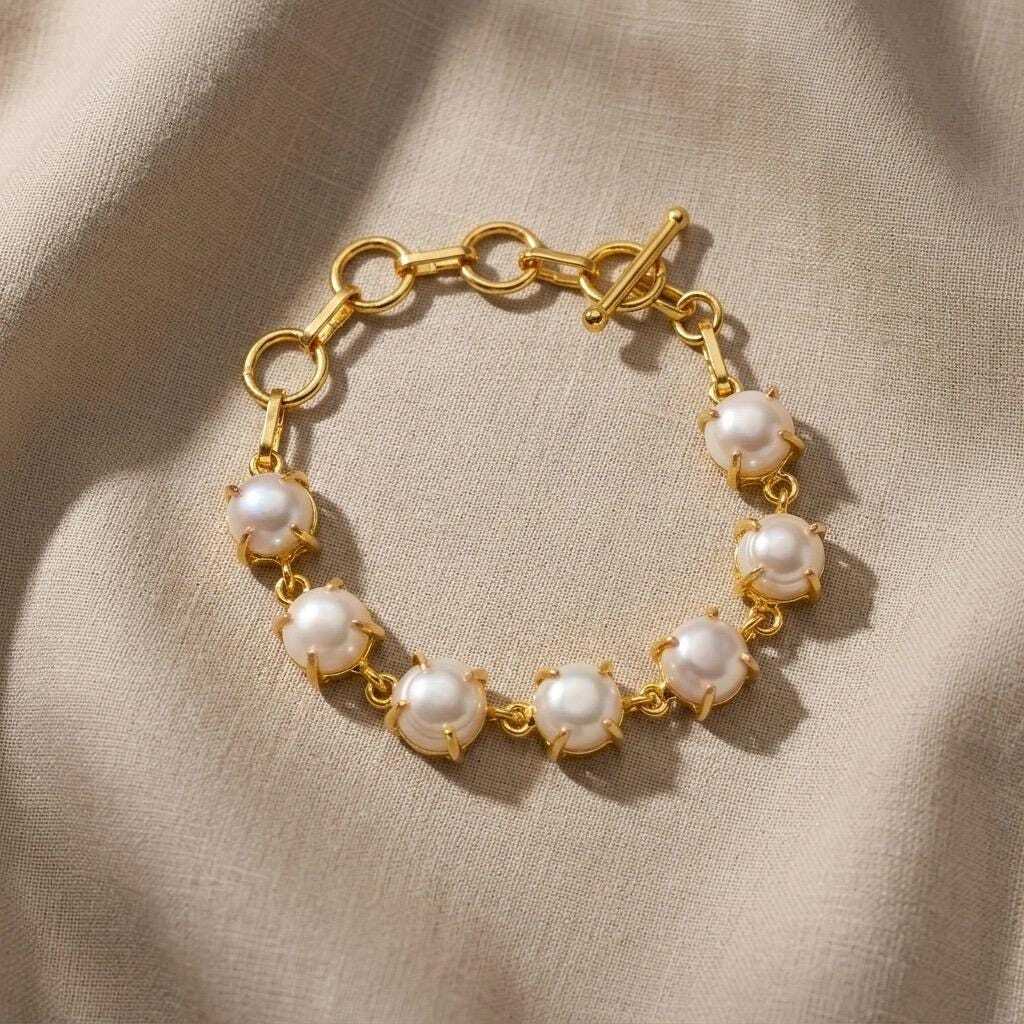 Freshwater Pearl Gemstone Bracelet  | Adjustable Bracelet in Gold Finish