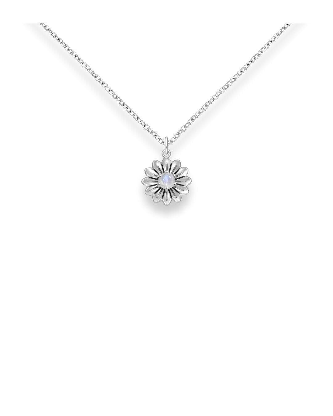 Sterling Silver Oxidised Gemstone Flower Pendant l Moonstone l Labradorite Floral Design