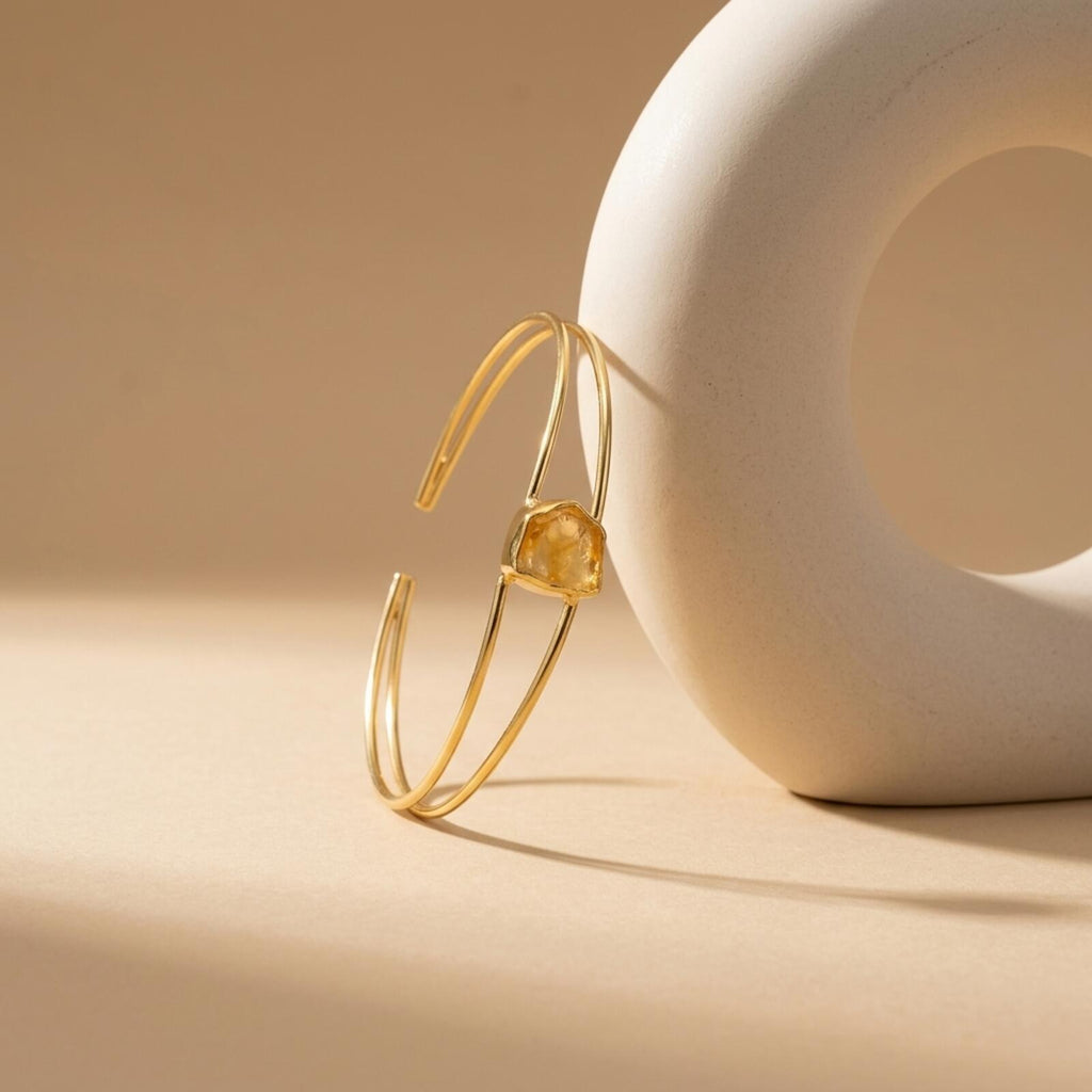 Gold Tone Open Cuff Bracelet with Raw Stone Accent