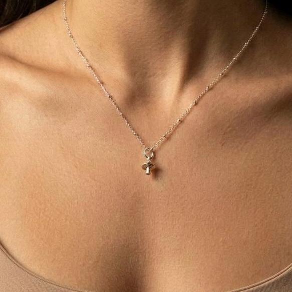 Silver Tiny Mushroom Charm Necklace | Stocking Filler | Minimalist 18K Gold Plated Necklace