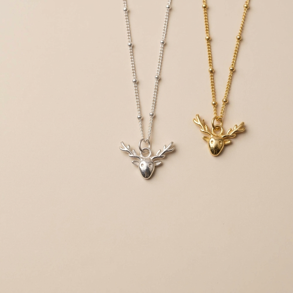 Christmas Gold Reindeer Necklace | 18K Plated, 925 Silver Plated Deer Charm | Festive Holiday Jewellery