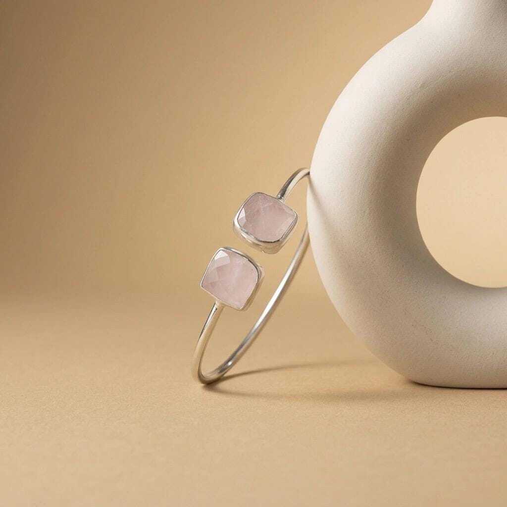 Rose Quartz Silver Cuff Bracelet, Adjustable Gemstone Open Bangle, 18K Gold Minimalist Pink Crystal Bracelet