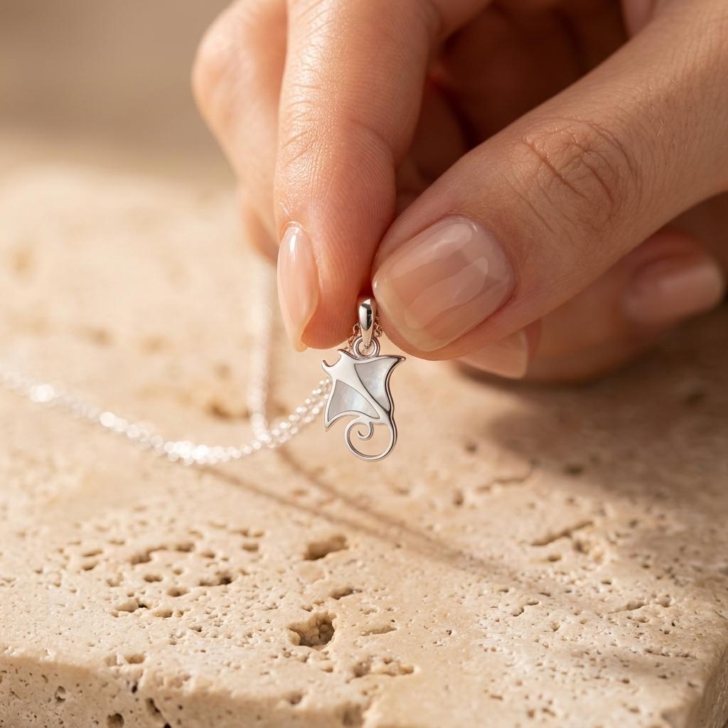 Sterling Silver Stingray Pendant, Ocean Inspired Jewelry, Art Deco Sea Life Necklace, Gift for Her