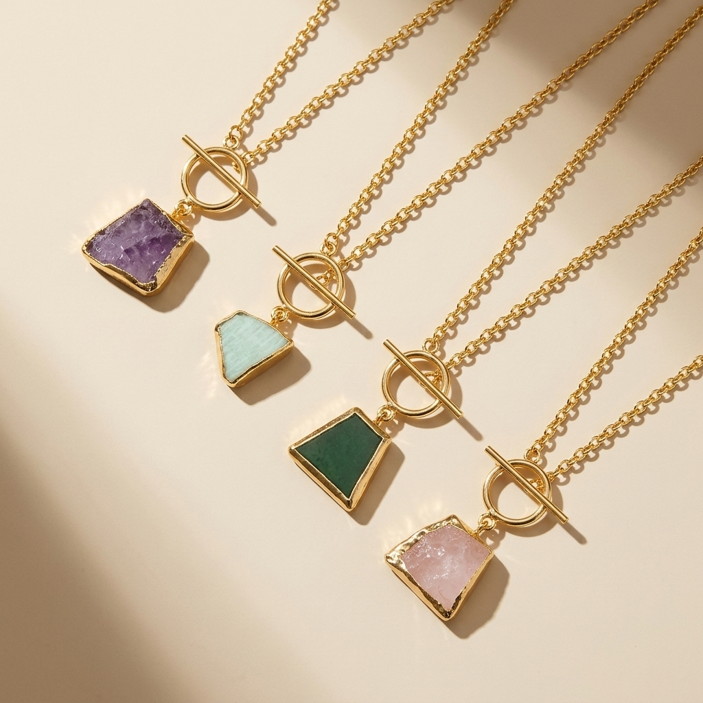 Toggle Lock Crystal Stone Necklace - Gold Plated