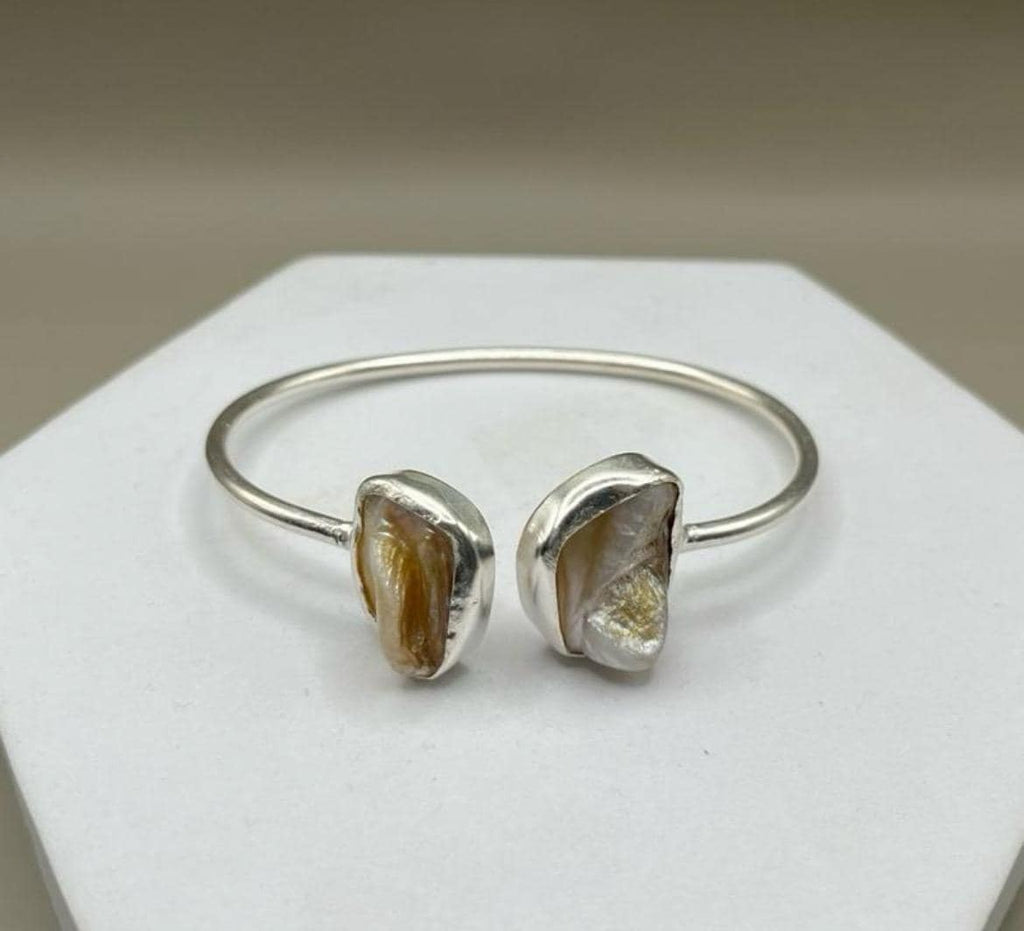 Mother of Pearl Silver Cuff Bracelet | Two Stone Adjustable Bangle | Boho Jewellery
