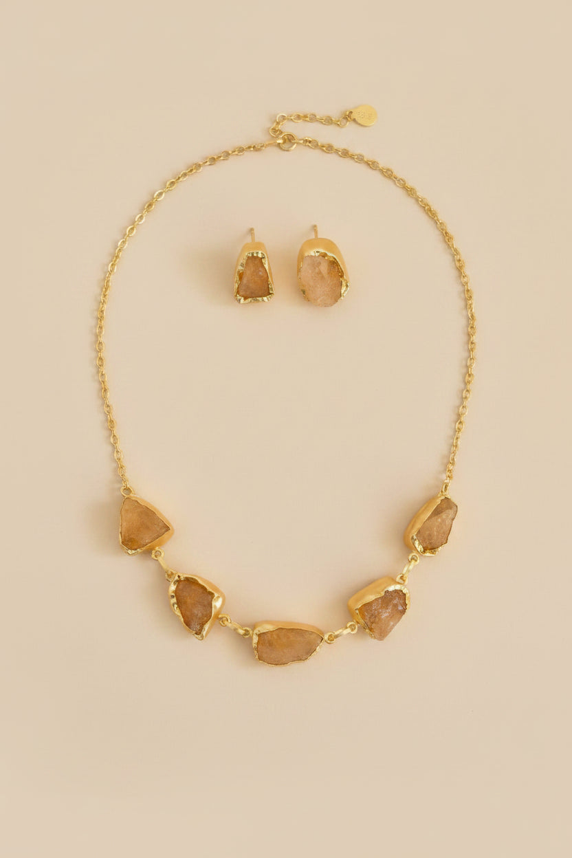 18K Gold-Plated Gemstone & Necklace Earring Set