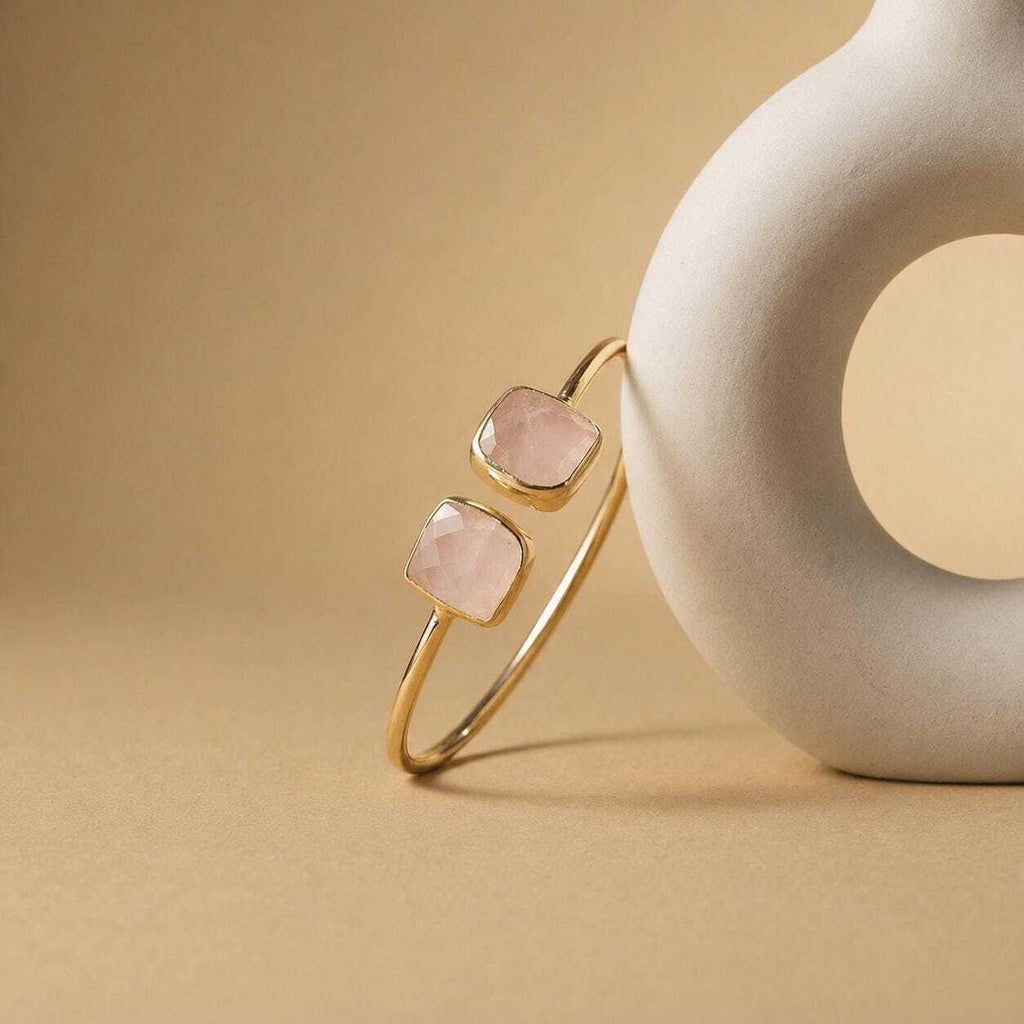 Rose Quartz Silver Cuff Bracelet, Adjustable Gemstone Open Bangle, 18K Gold Minimalist Pink Crystal Bracelet