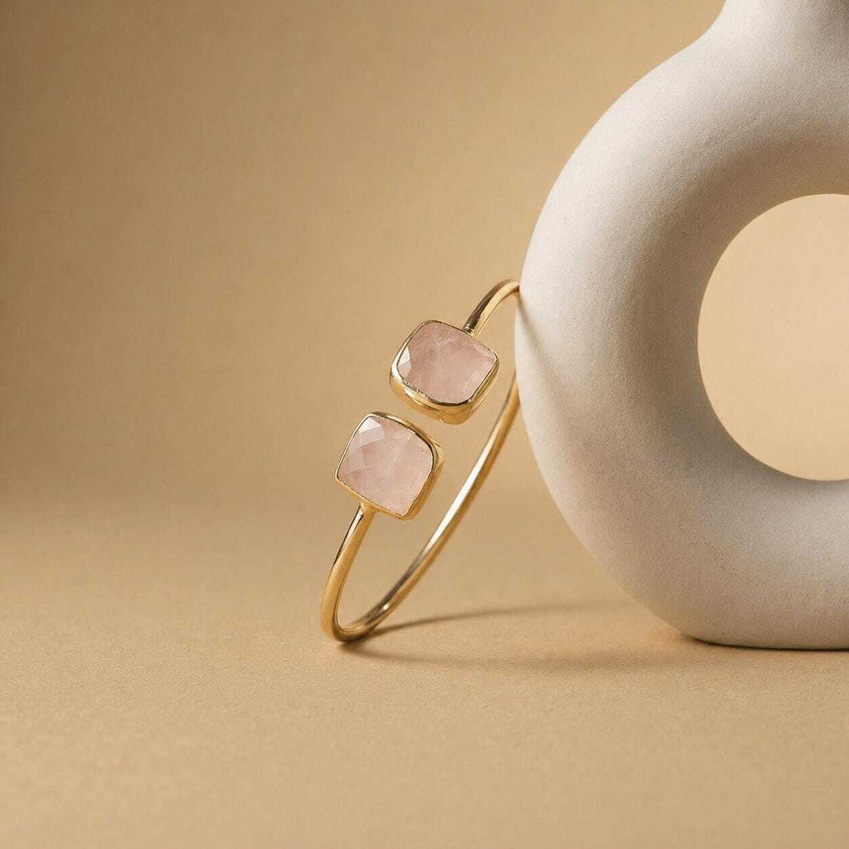 Rose Quartz Silver Cuff Bracelet, Adjustable Gemstone Open Bangle, 18K Gold Minimalist Pink Crystal Bracelet