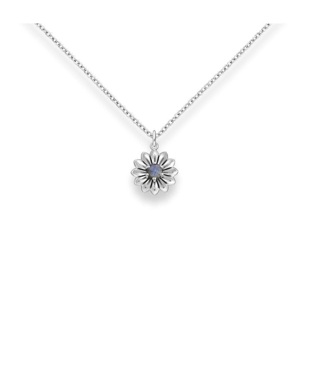 Sterling Silver Oxidised Gemstone Flower Pendant l Moonstone l Labradorite Floral Design