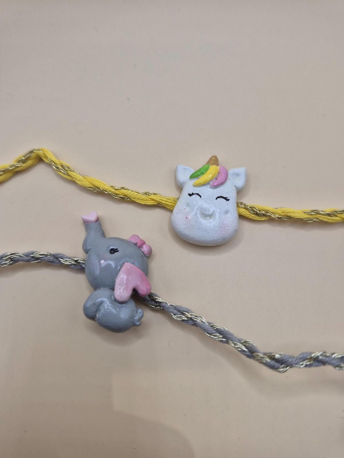 Kids Tie Bracelet / Cartoon Rakhi ( Unicorn , Elephant ) Clay Handmade Rakhi