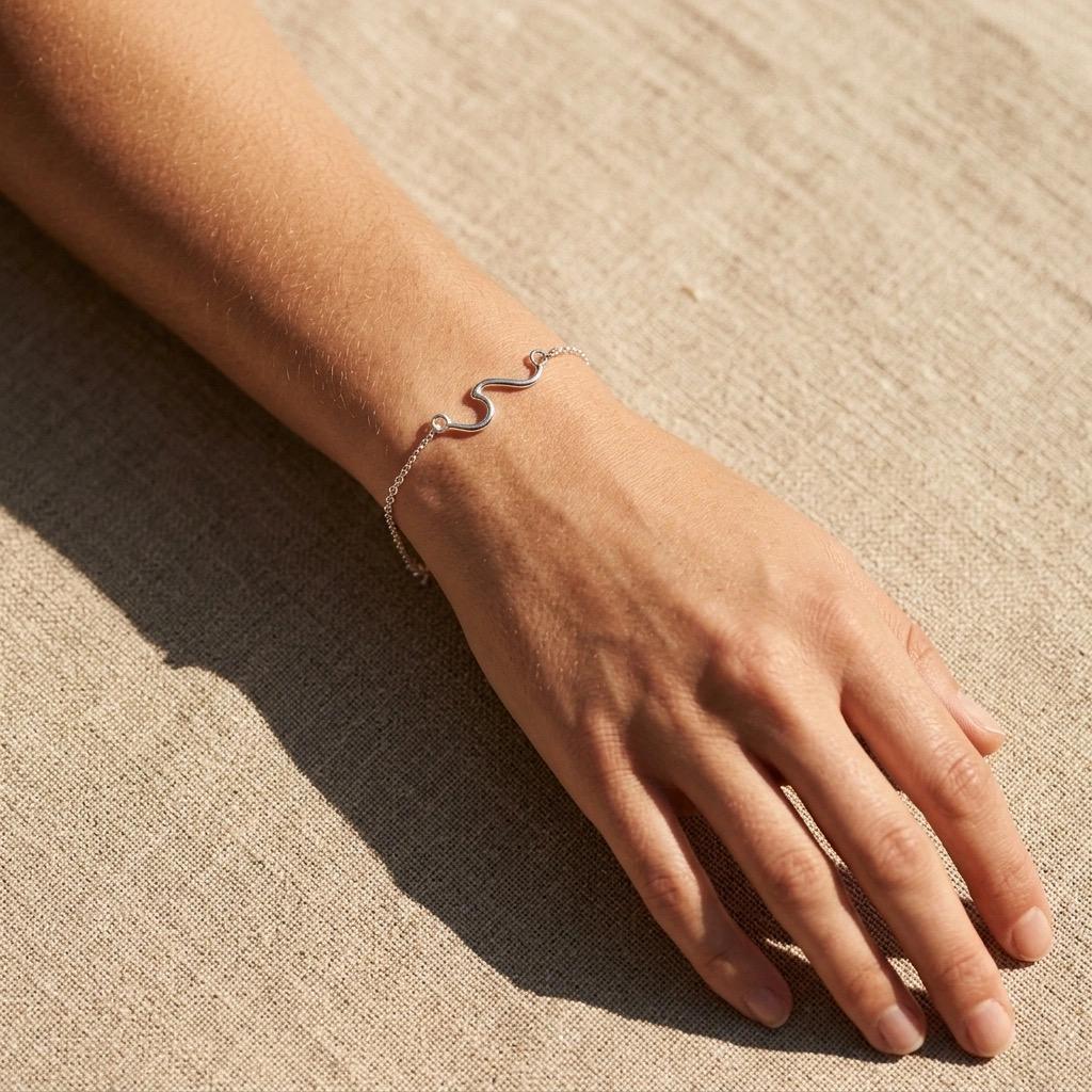 Sterling Silver Sea Wave Bracelet, Minimalist Ocean Jewellery Gift for Her