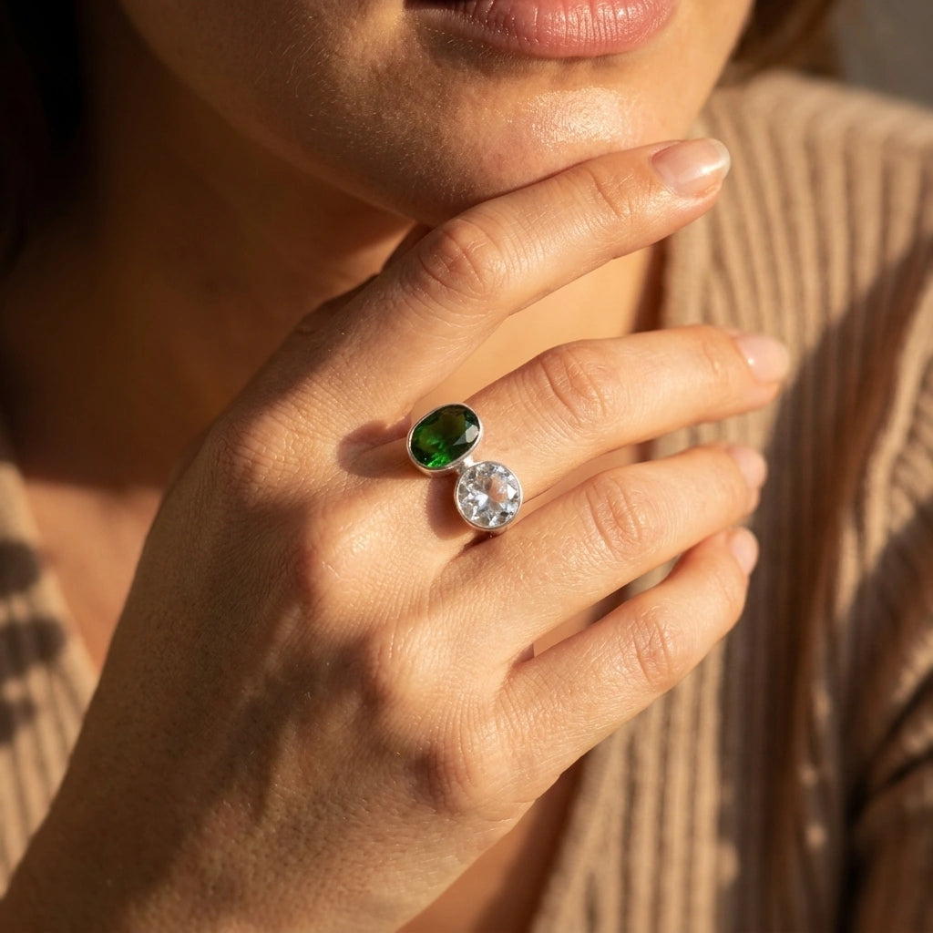 green - transparent crystal ring