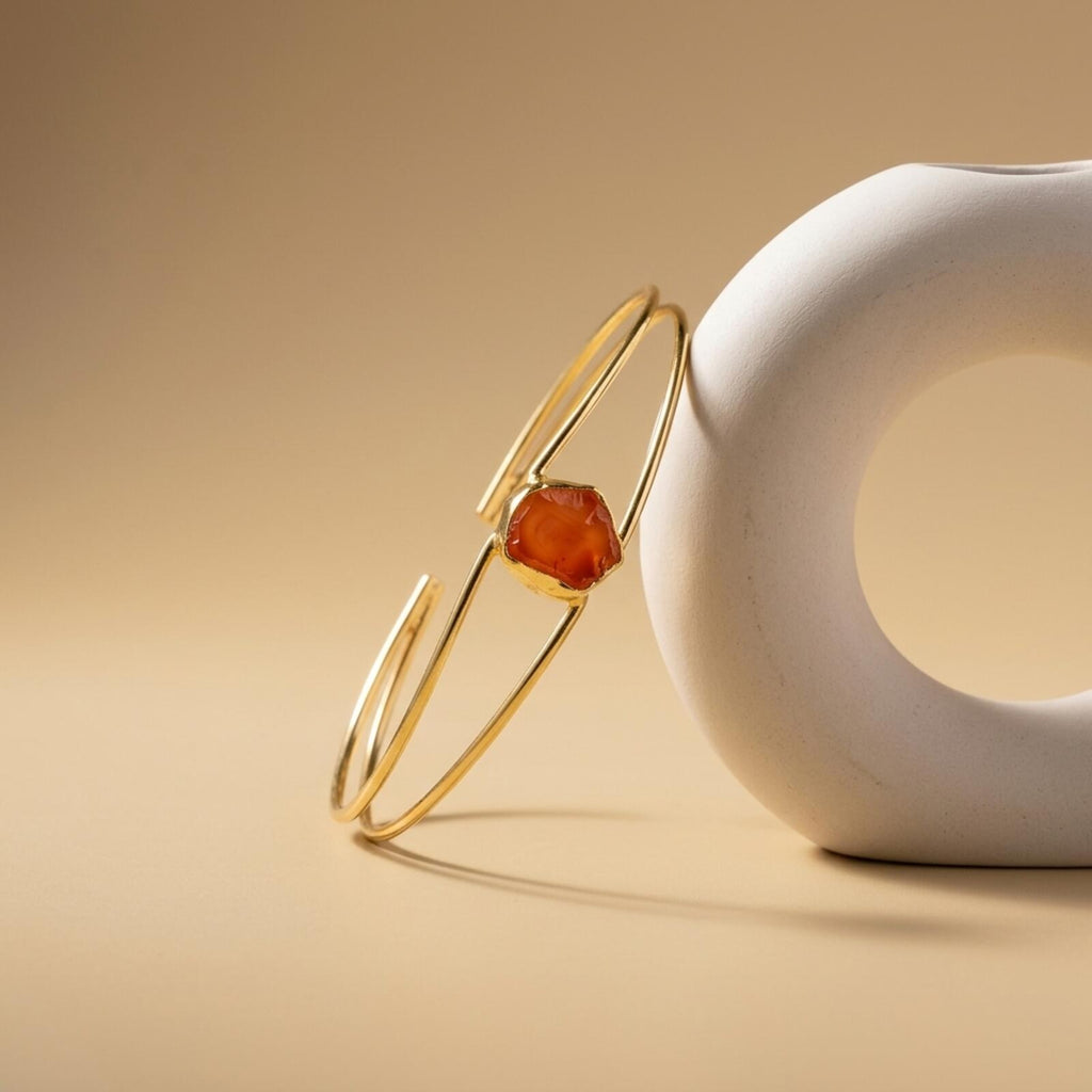 Gold Tone Open Cuff Bracelet with Raw Stone Accent