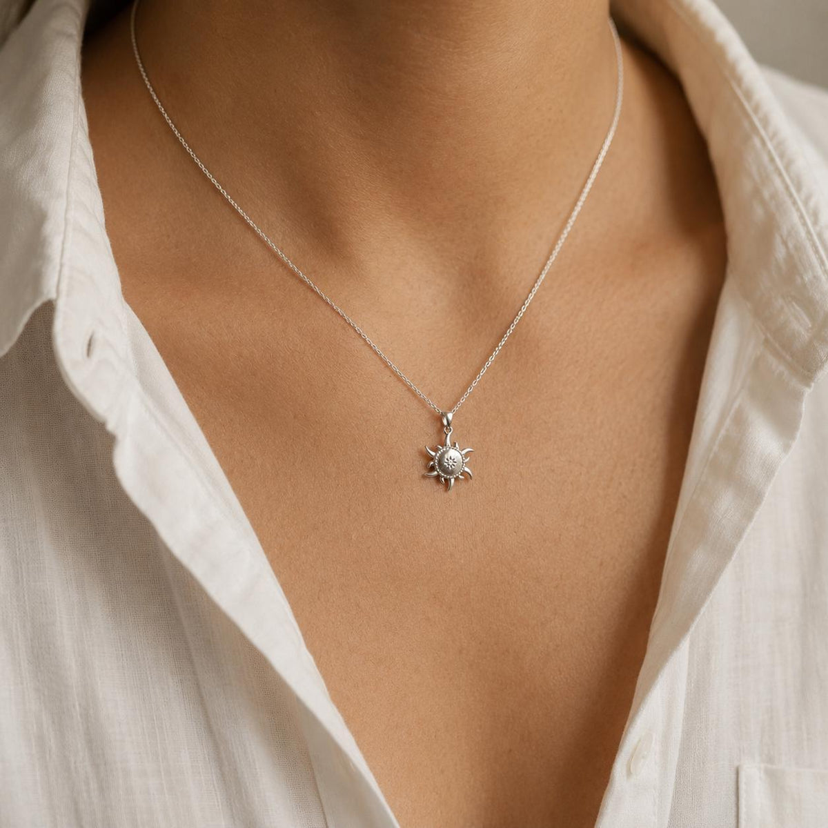 Sterling Silver Oxidized Sun Pendant Necklace, Minimalist Jewellery for Women