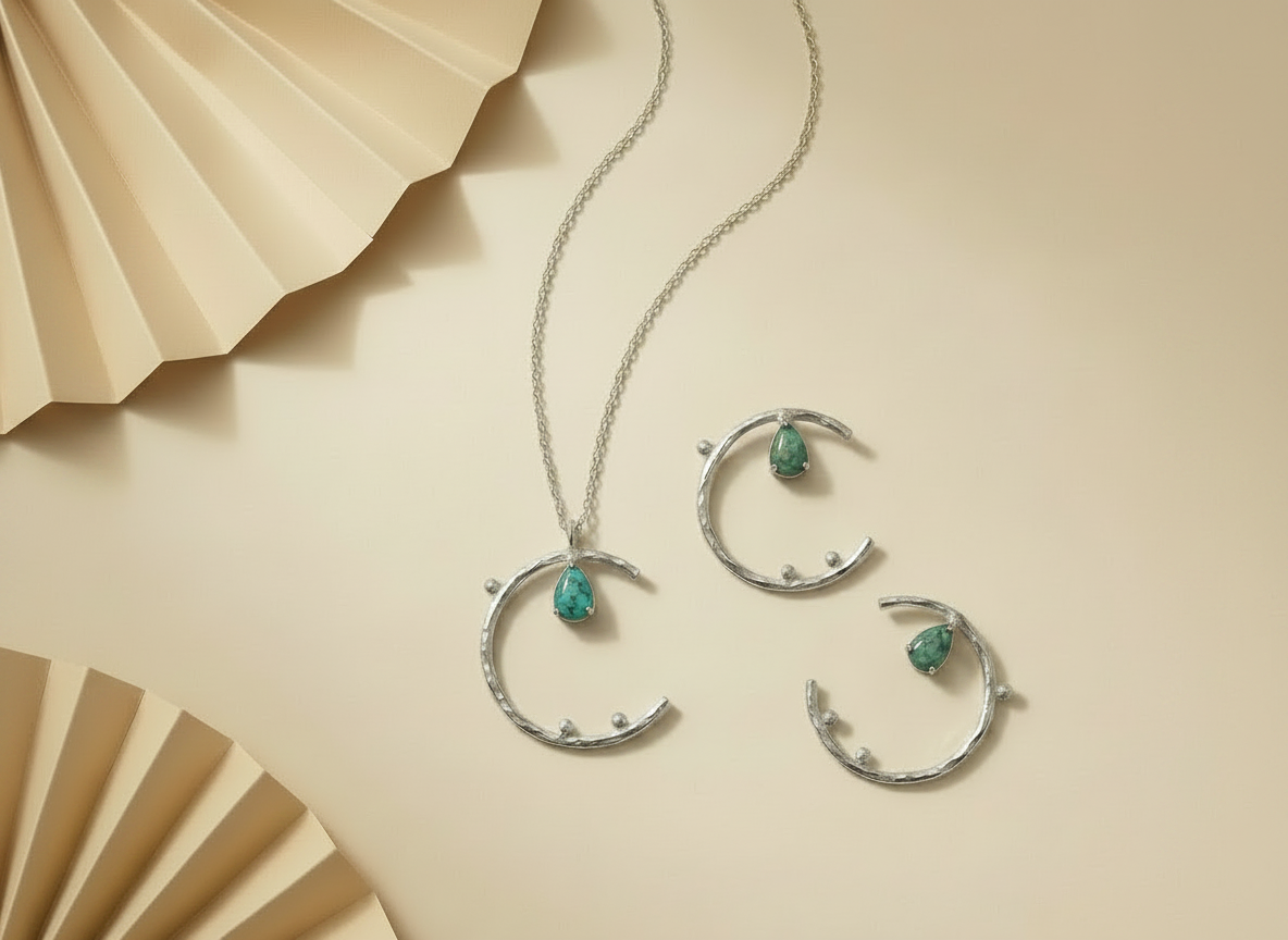 Moon Shaped Gemstone Necklace and Earrings Set