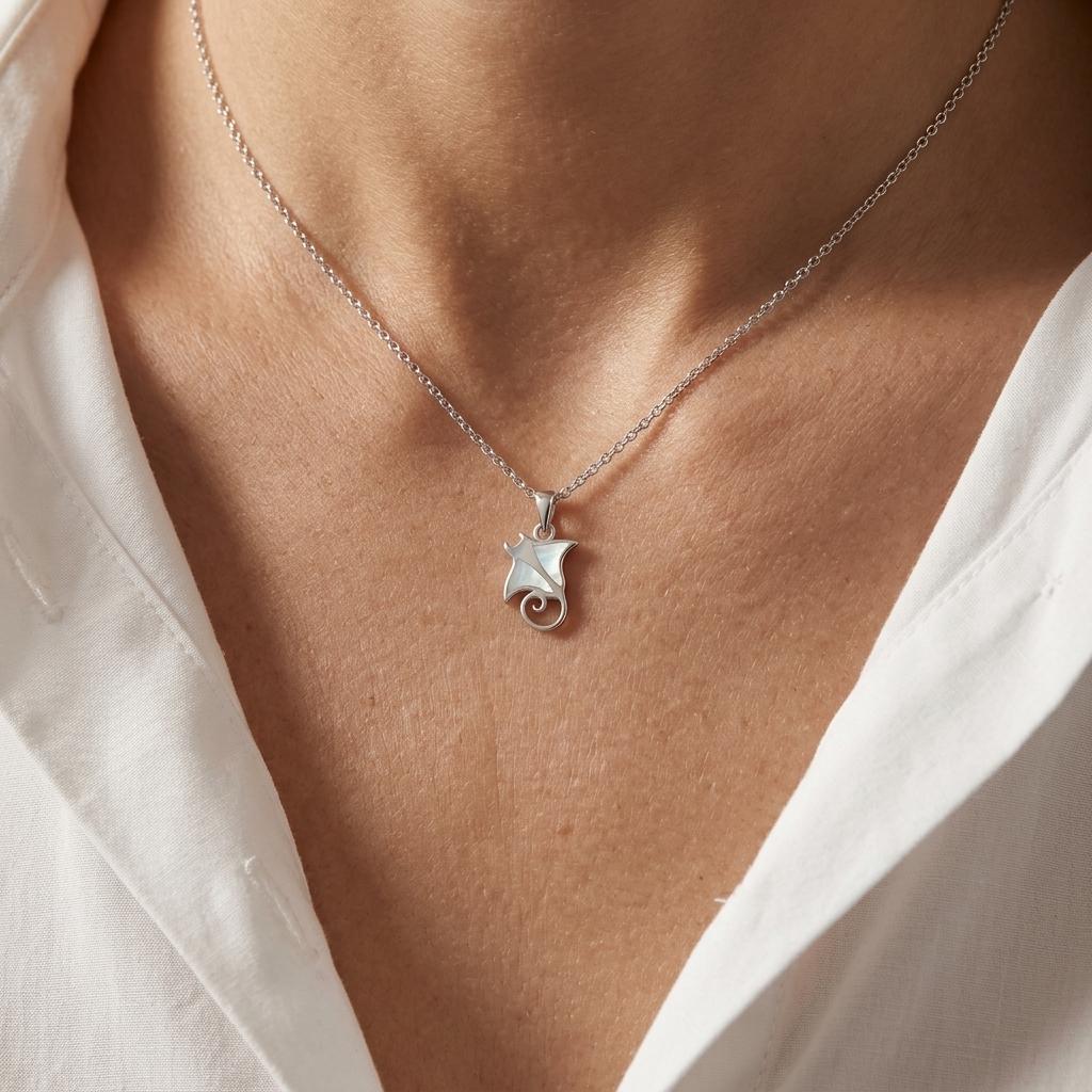 Sterling Silver Stingray Pendant, Ocean Inspired Jewelry, Art Deco Sea Life Necklace, Gift for Her