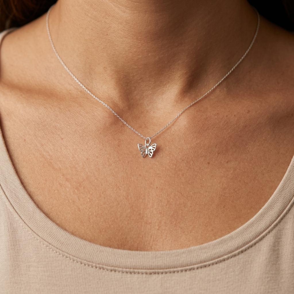 Sterling Silver Butterfly Pendant Necklace, Dainty Silver Butterfly Charm, Birthday Gift for Her