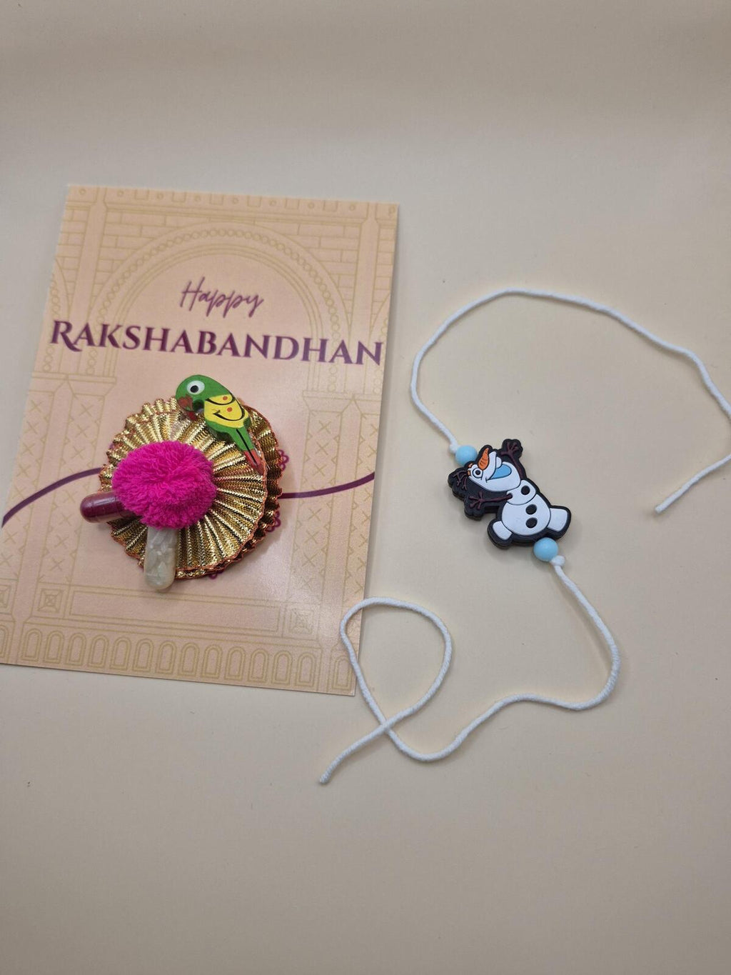 Kids Tie Bracelet / Cartoon Rakhi - Snowman Handmade Rakhi Hamper