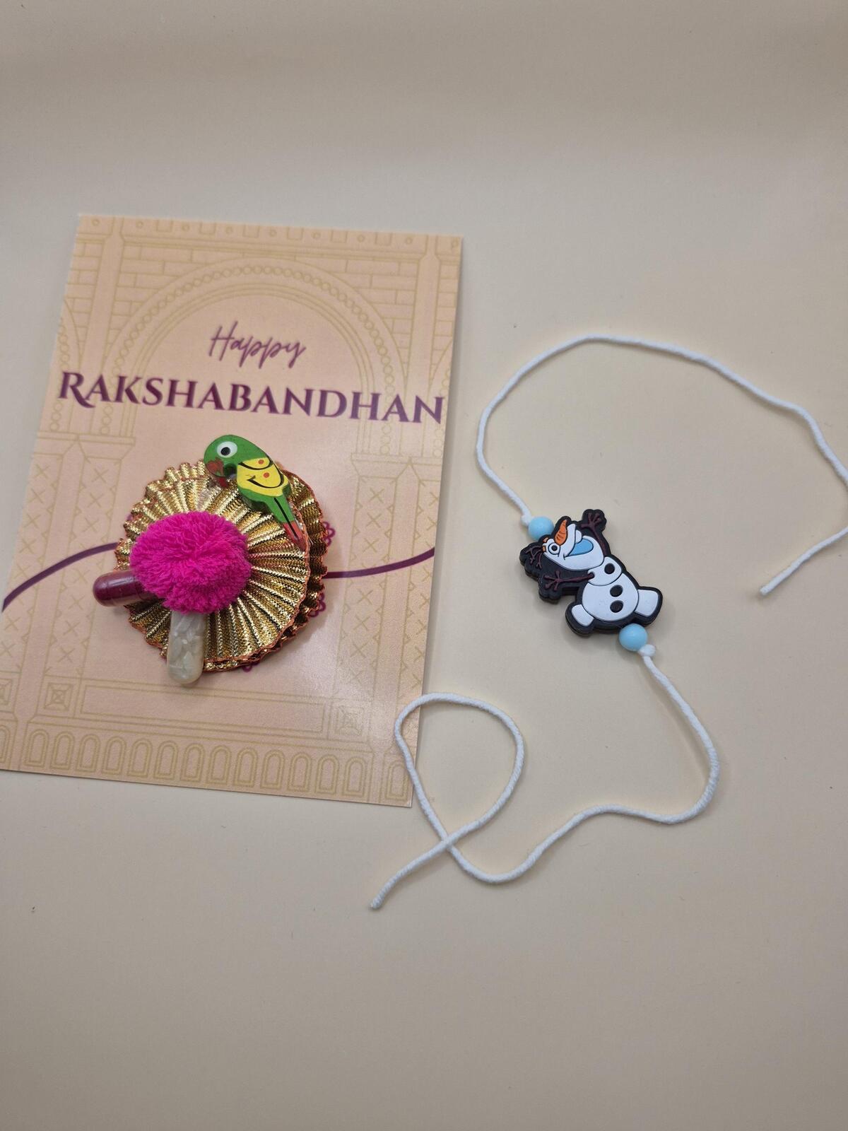 Kids Tie Bracelet / Cartoon Rakhi - Snowman Handmade Rakhi Hamper