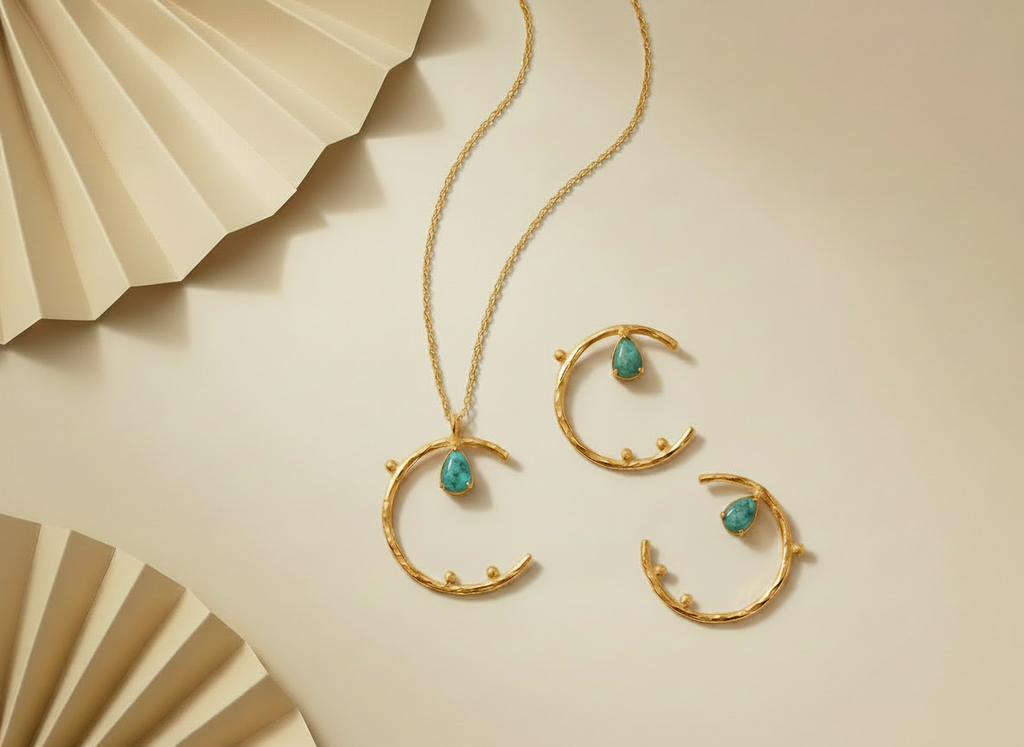 Moon Shaped Gemstone Necklace and Earrings Set