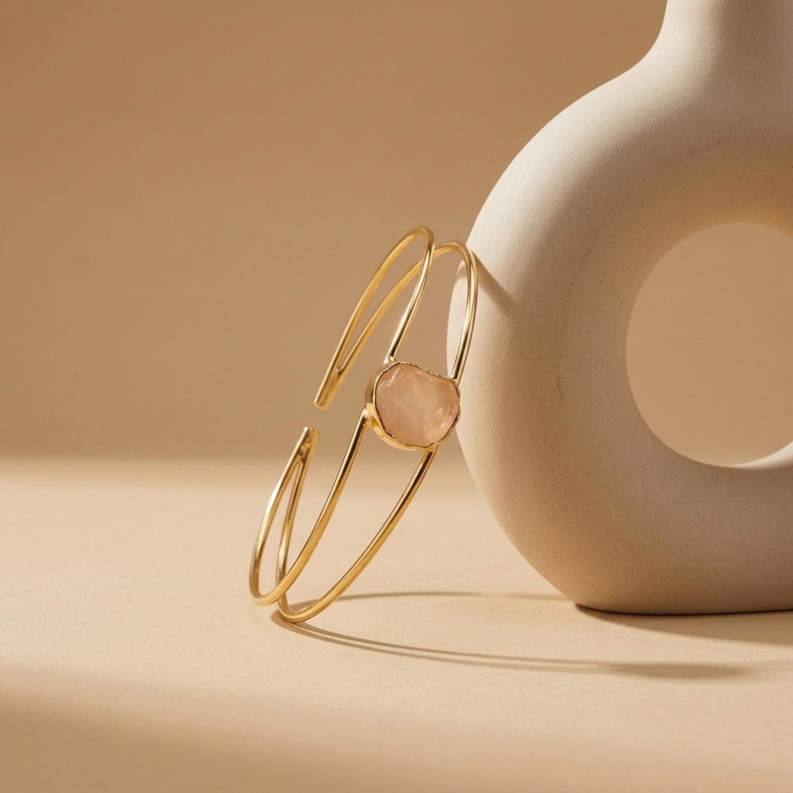 Gold Tone Open Cuff Bracelet with Raw Stone Accent