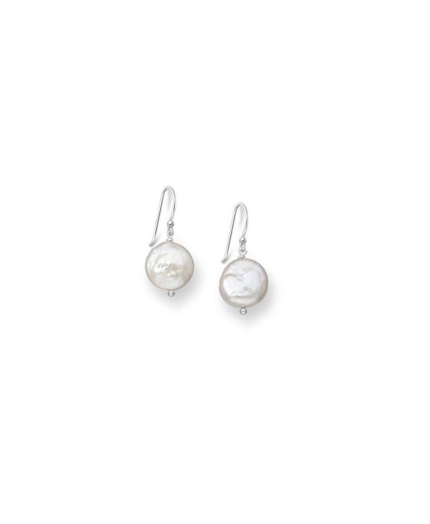 Sterling Silver Coin Pearl Hook Earrings, Genuine Droplet Freshwater Drop Earrings