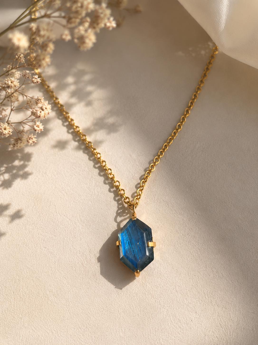 Natural Labradorite Crystal Stone Necklace | Minimalist Brass Gemstone Necklace for Women