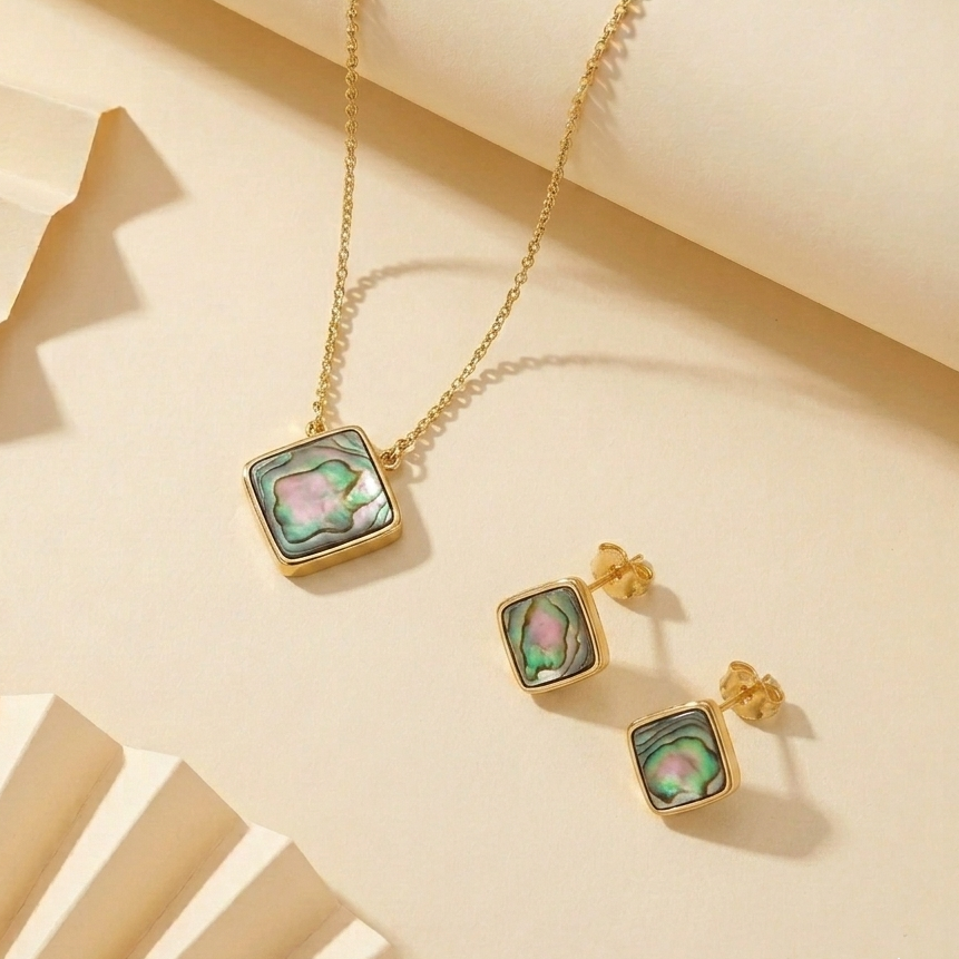 Ocean Light — Abalone Square Necklace & Earring Set