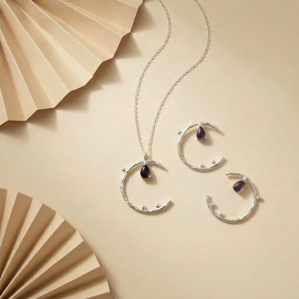 Moon Shaped Gemstone Necklace and Earrings Set