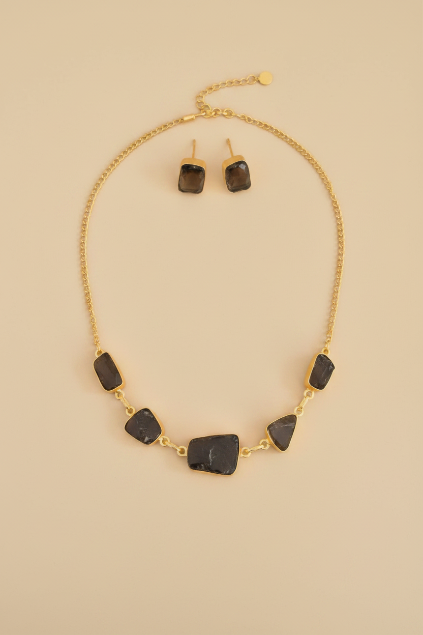 18K Gold-Plated Gemstone & Necklace Earring Set