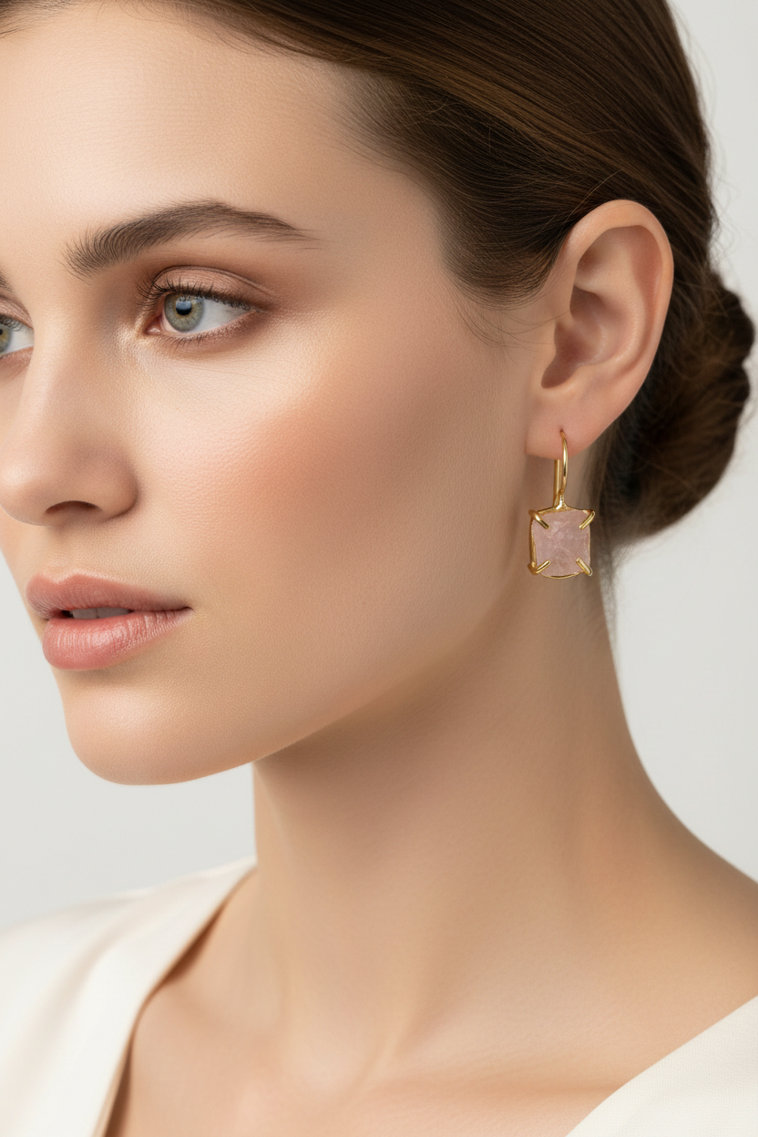 Close-up of a woman wearing a gold drop earring with raw pink gemstone on a neutral background