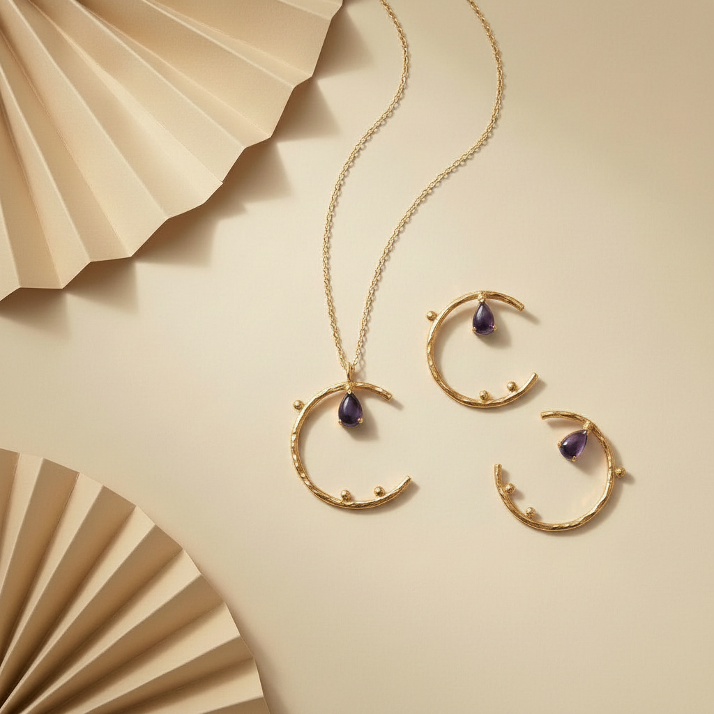 Moon Shaped Gemstone Necklace and Earrings Set
