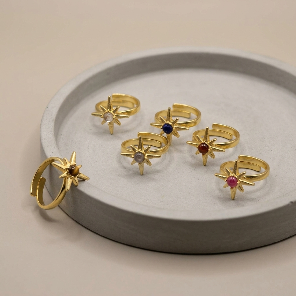 Natural Gemstone Star Ring | Adjustable Gold & Silver Plated Ring