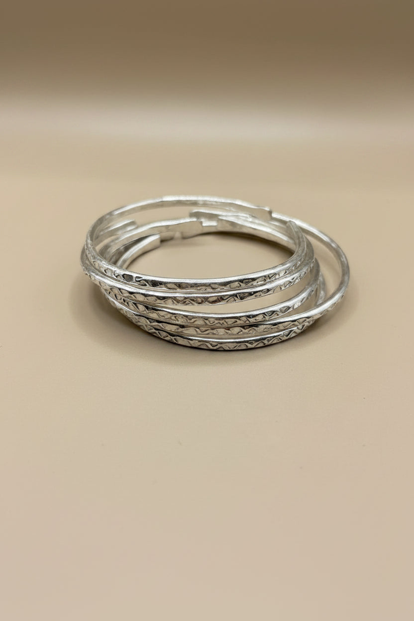 The Silver Stack Edit — Set of 5 Hammered Texture Bangles