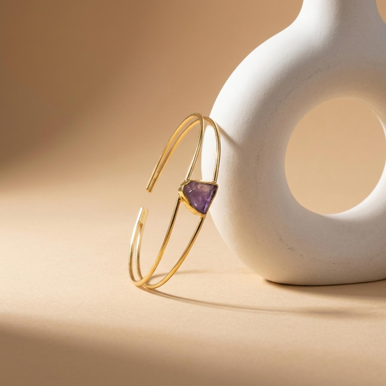 Gold Tone Open Cuff Bracelet with Raw Stone Accent