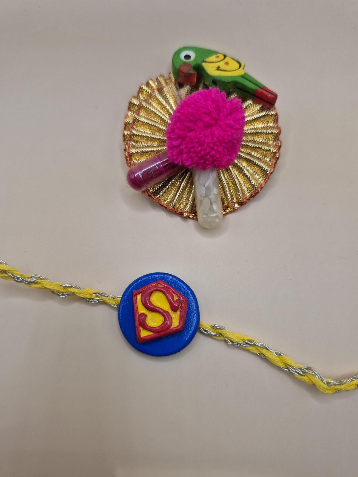 Kids Tie Bracelet / Cartoon Rakhi ( spider man , super man ) Clay Handmade Rakhi