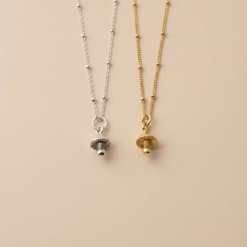 Silver Tiny Mushroom Charm Necklace | Stocking Filler | Minimalist 18K Gold Plated Necklace