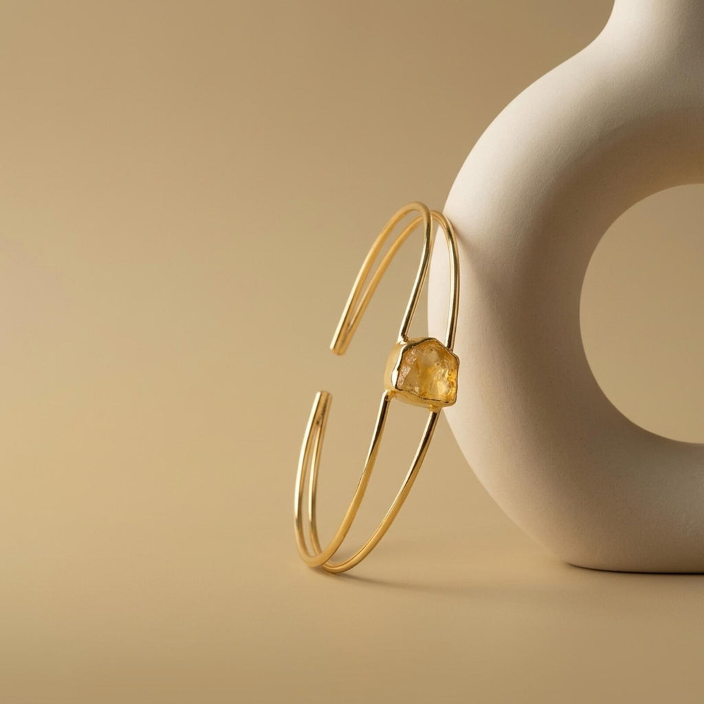 Gold Tone Open Cuff Bracelet with Raw Stone Accent