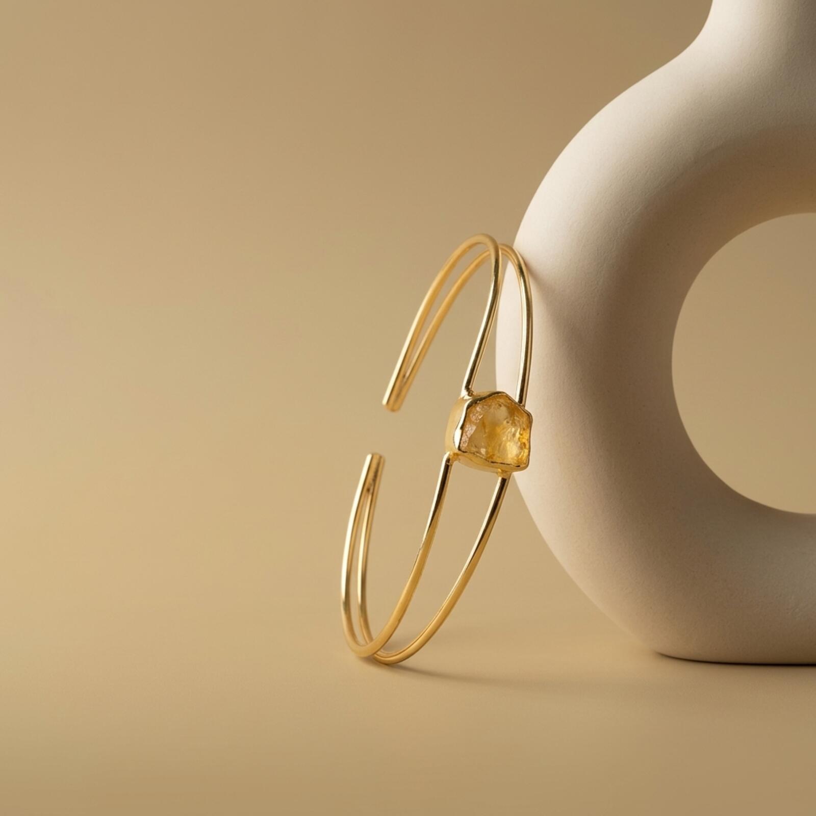 Gold Tone Open Cuff Bracelet with Raw Stone Accent
