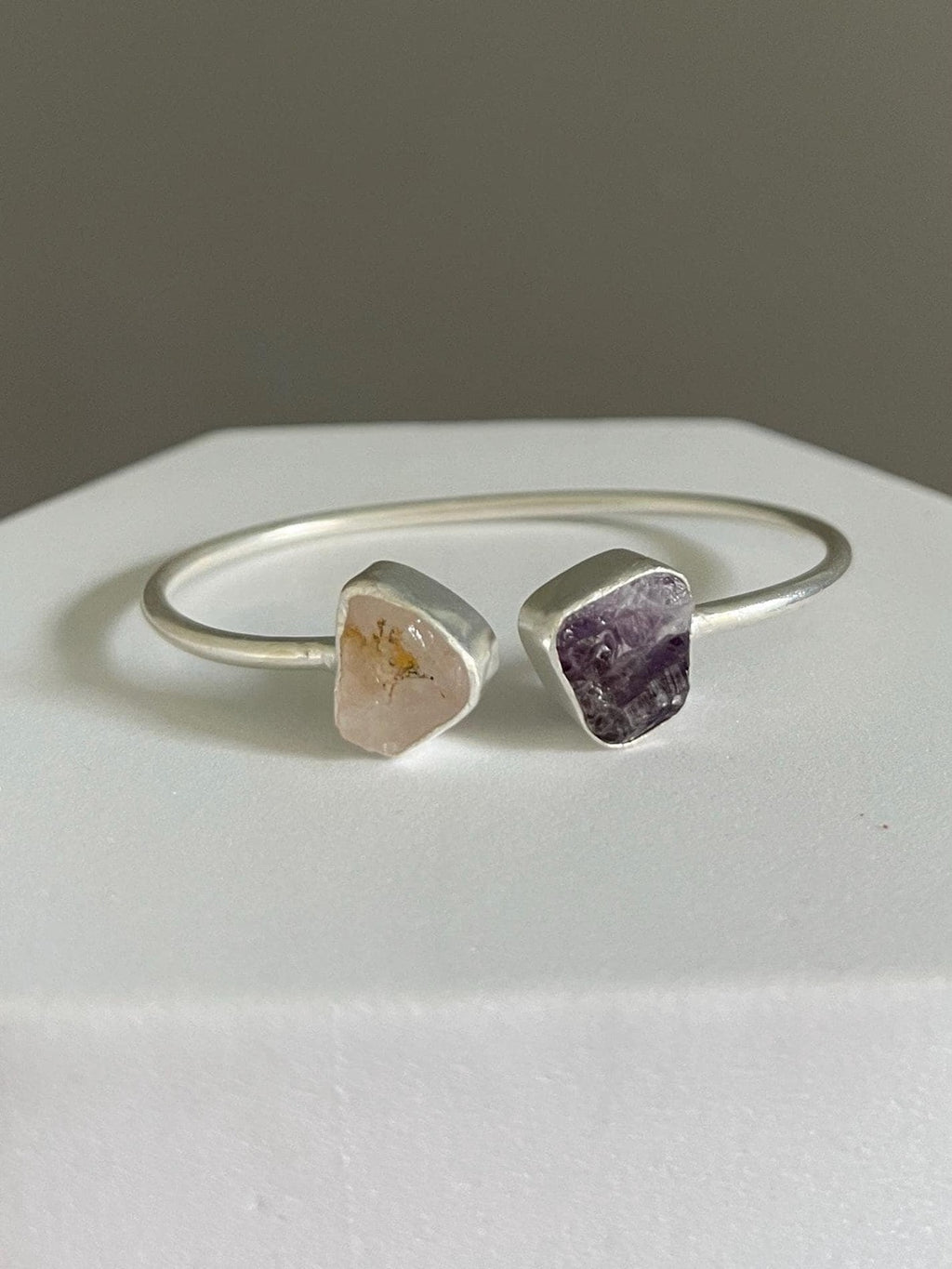 Amythest Rose Quartz Gemstone Cuff Bracelet | Two Stone Adjustable Boho Bangle in Gold and Silver