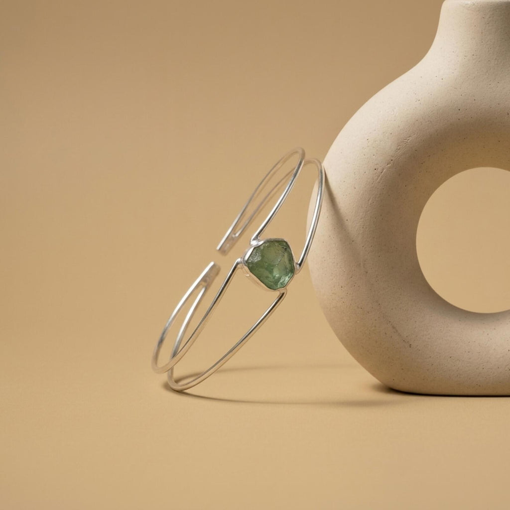 Gold Tone Open Cuff Bracelet with Raw Stone Accent