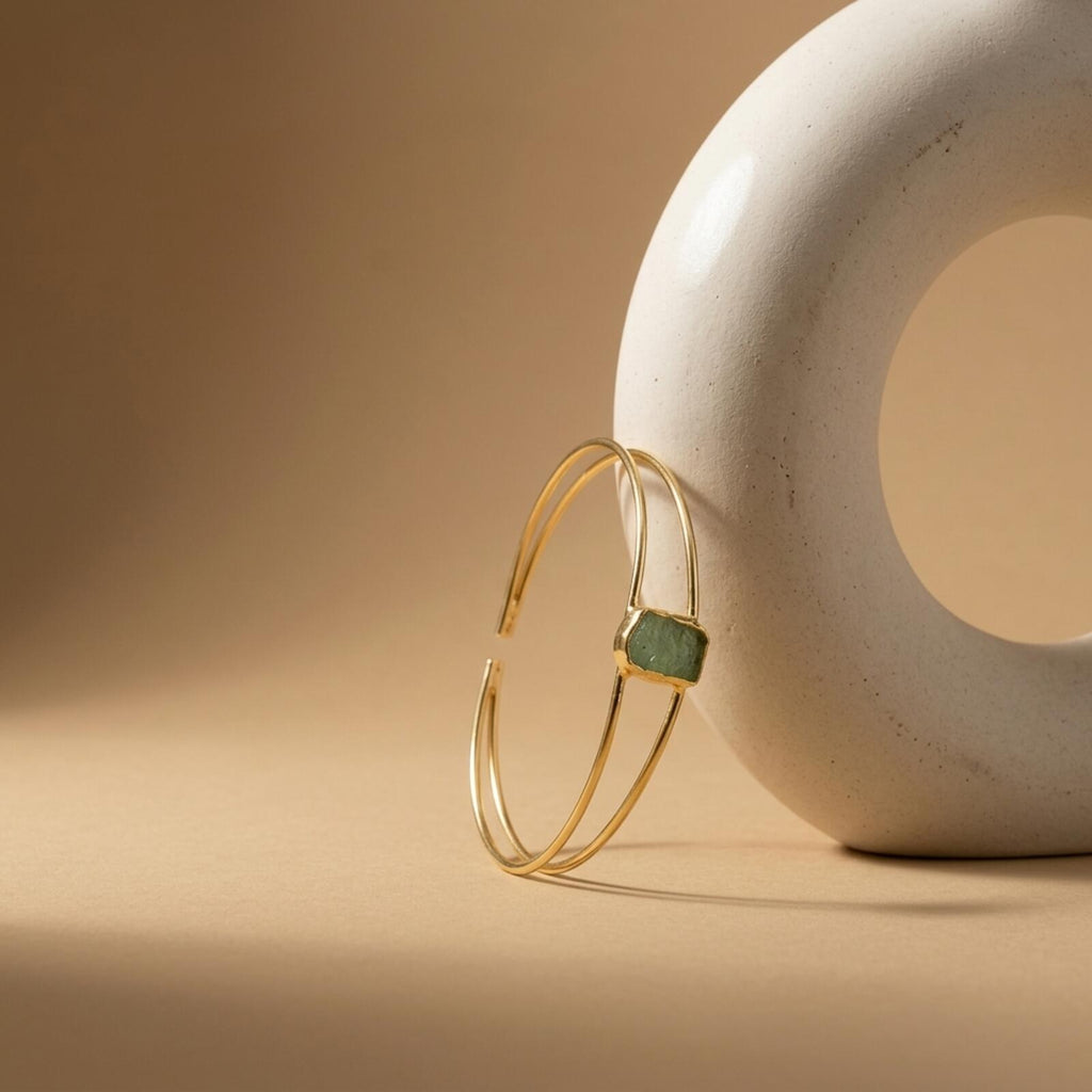 Gold Tone Open Cuff Bracelet with Raw Stone Accent