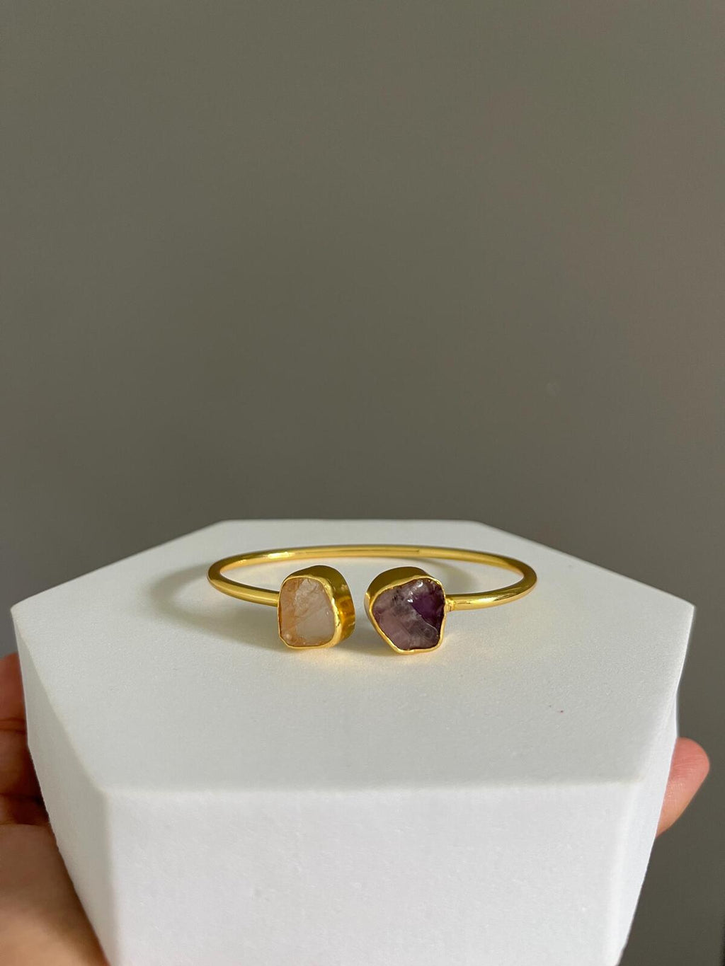 Amythest Rose Quartz Gemstone Cuff Bracelet | Two Stone Adjustable Boho Bangle in Gold and Silver