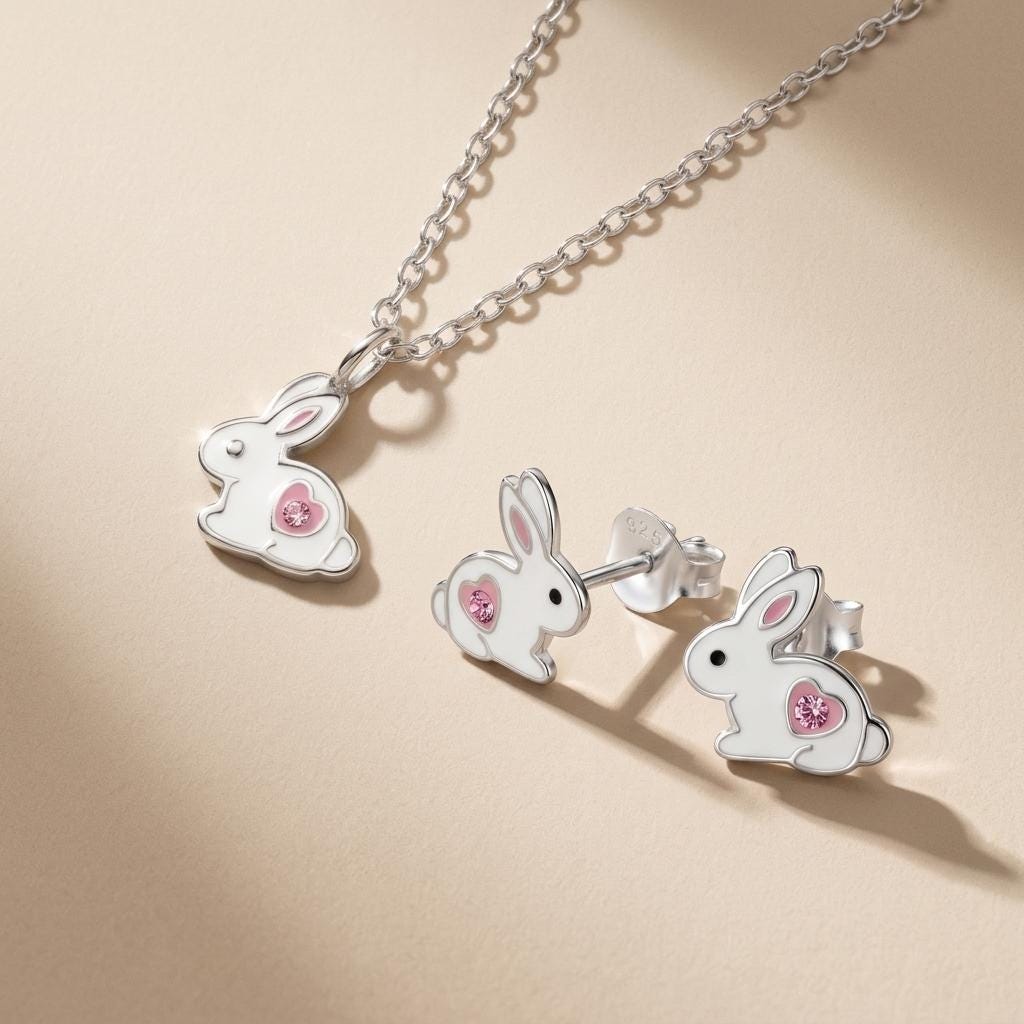 Bunny Stud Earrings & Necklace Set in 925 sterling silver – Aaroh Jewellery UK